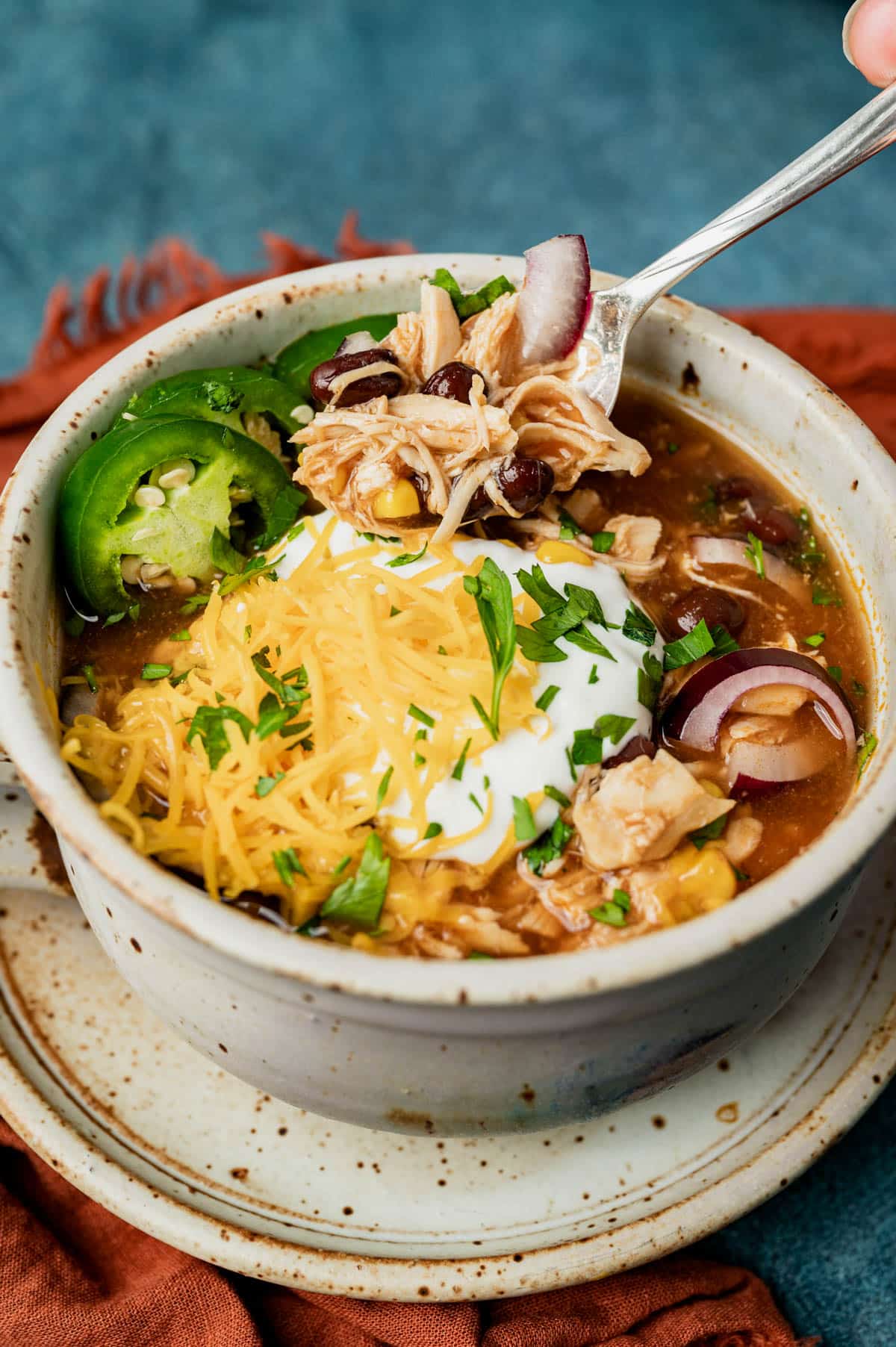 a spoon in a bowl of bbq chicken soup