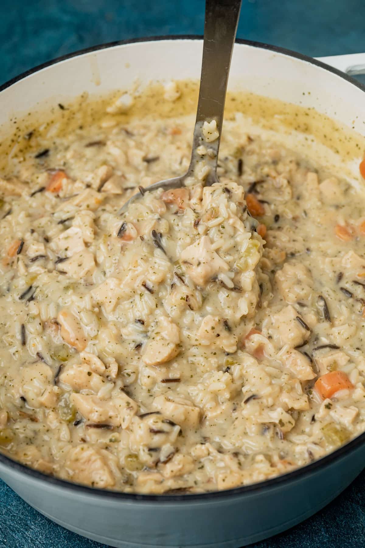 chicken soup with wild rice in a dutch oven with a ladle