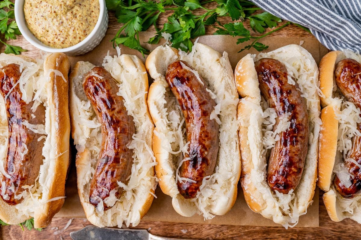 sauerkraut and bratwurst sandwiches