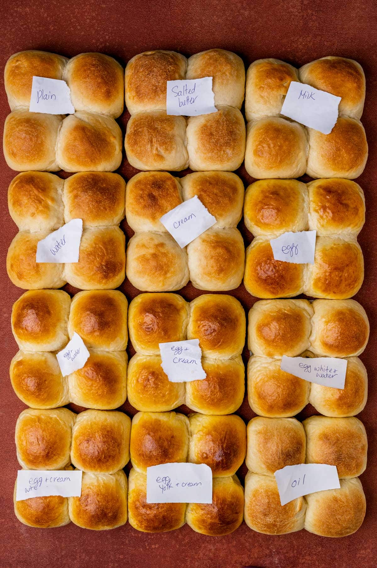 dinner rolls with different bread washes on them