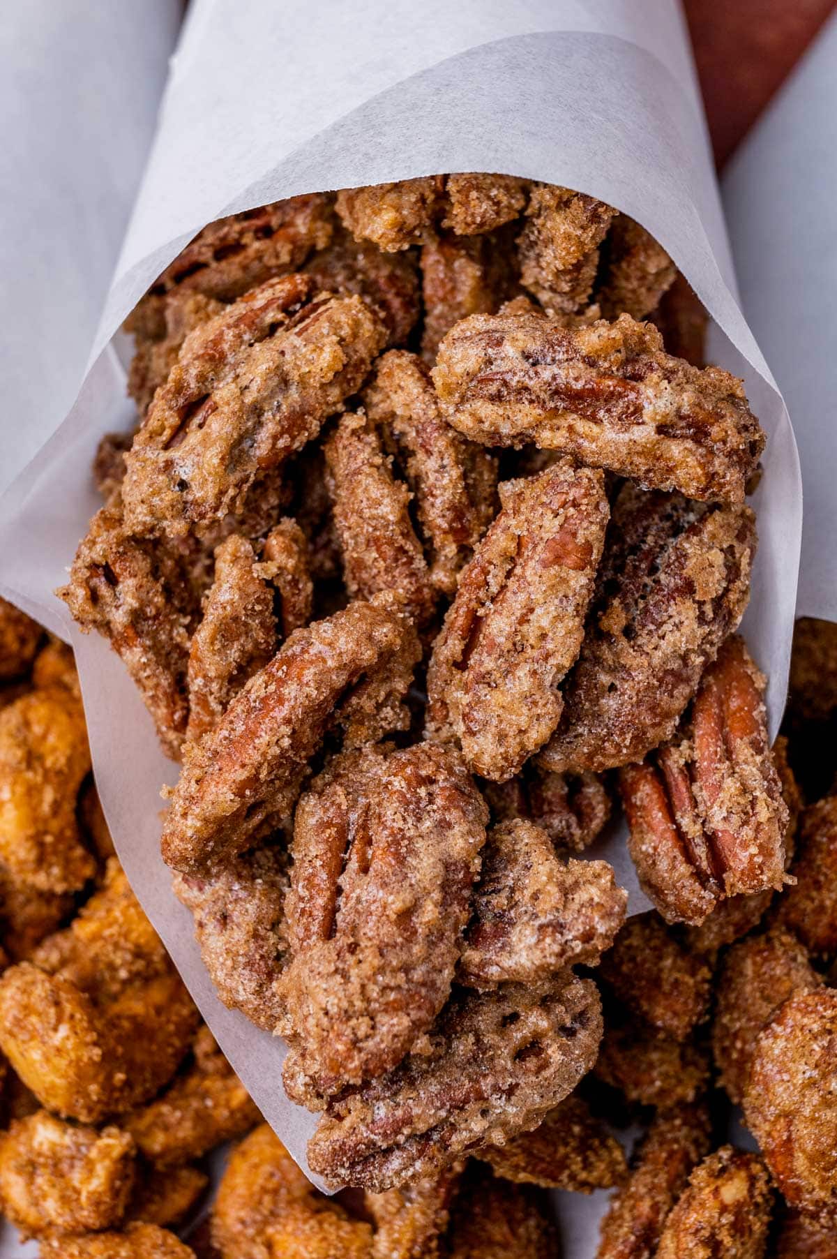 cinnamon sugar roasted pecans in parchment paper