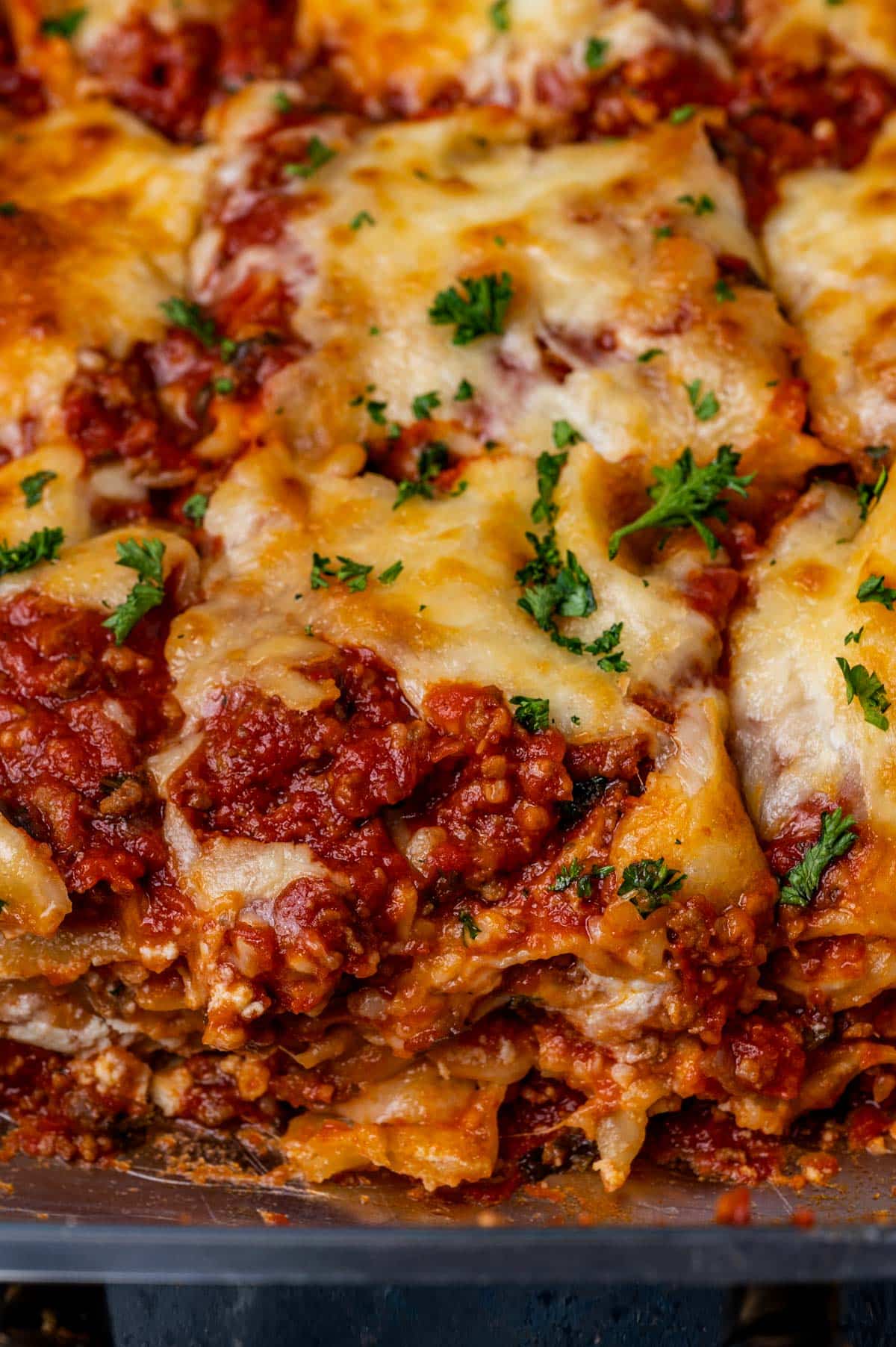 meaty lasagna in a baking pan