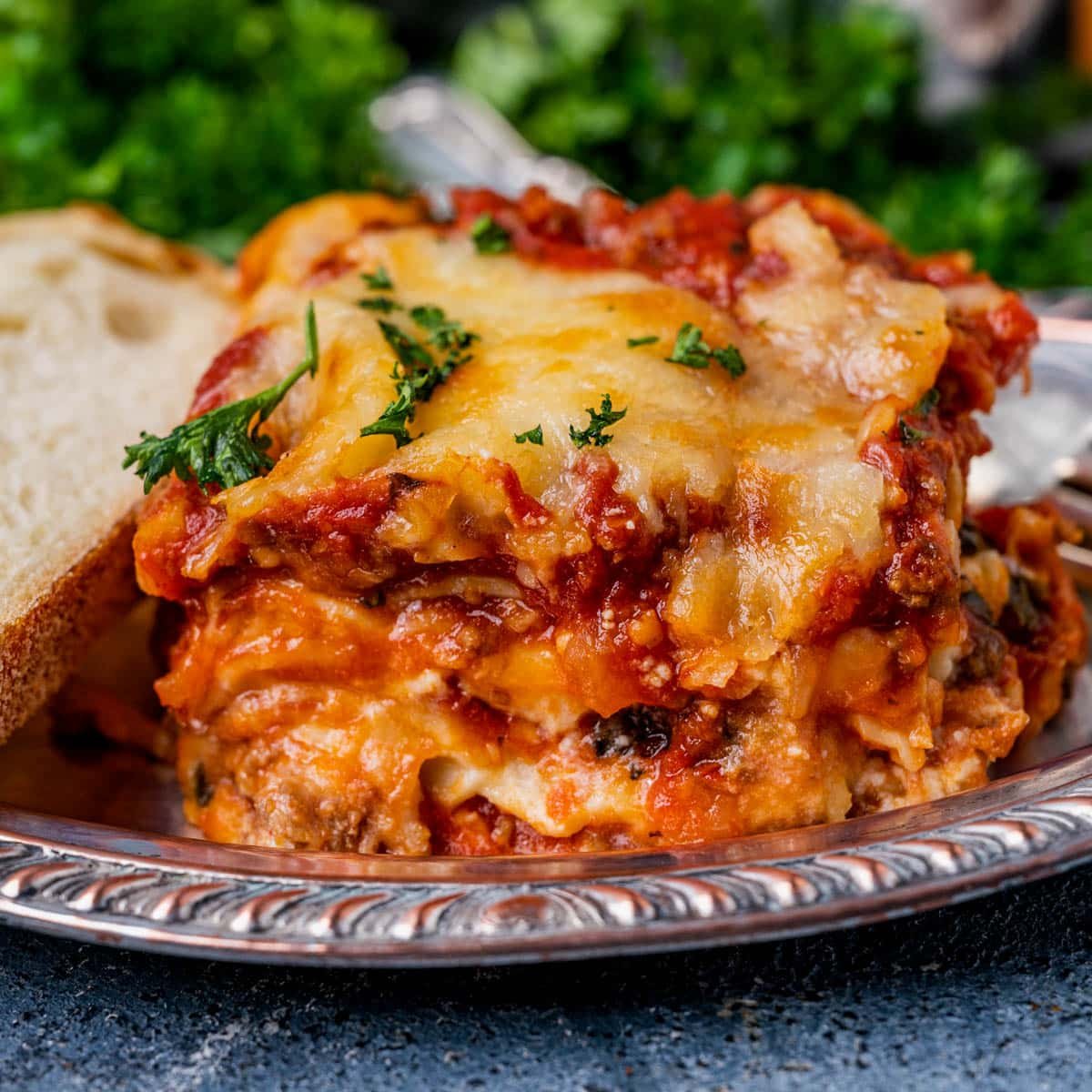 a piece of lasagna sitting on a plate