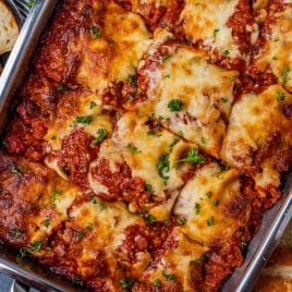 overhead view of homemade lasagna in a pan