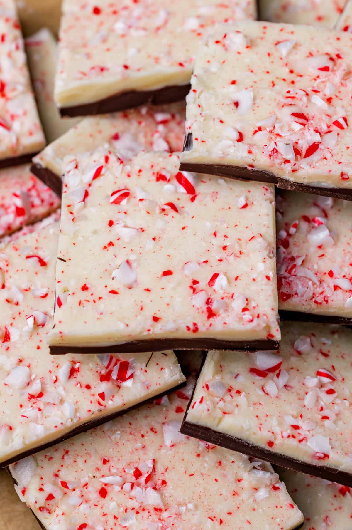 overhead view of peppermint bark candy squares