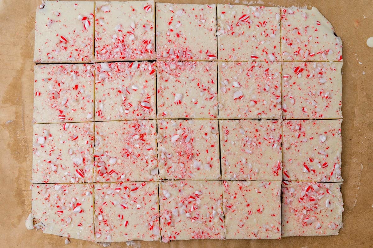 overhead view of peppermint bark squares