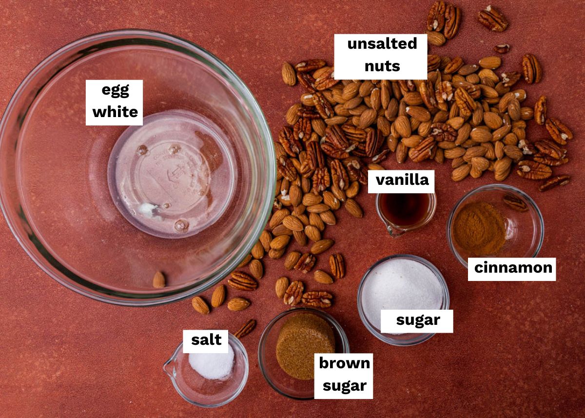 ingredients for cinnamon sugar pecans on a table