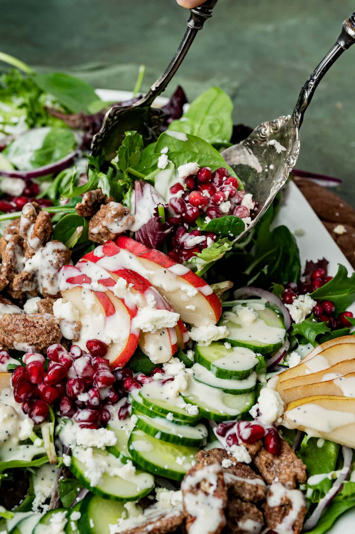 salad spoons with pomegranate pear salad