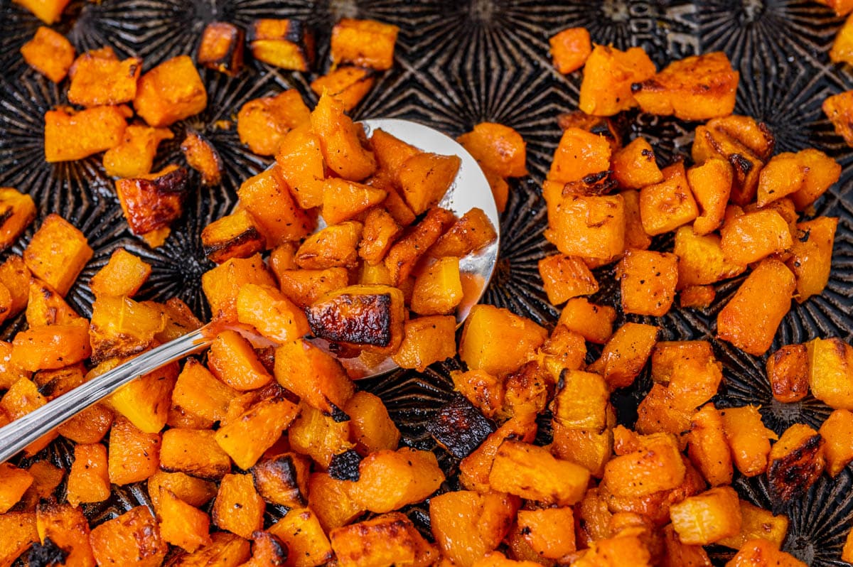 roasted butternut squash on a baking sheet