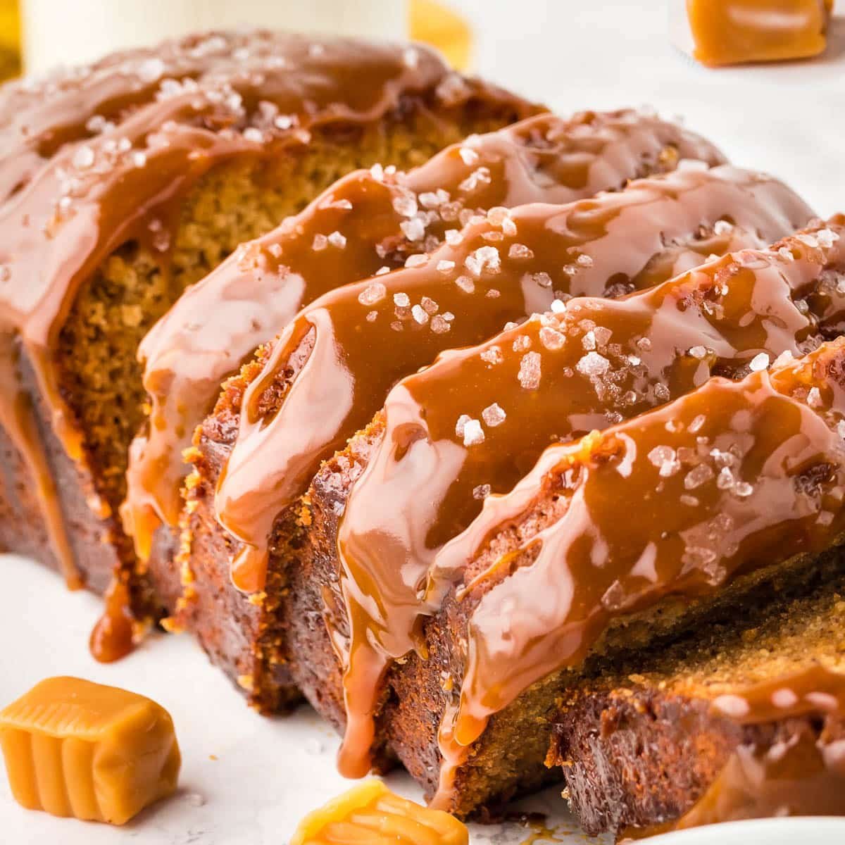 closeup of salted caramel banana bread slices