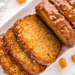 overhead view of sliced banana bread