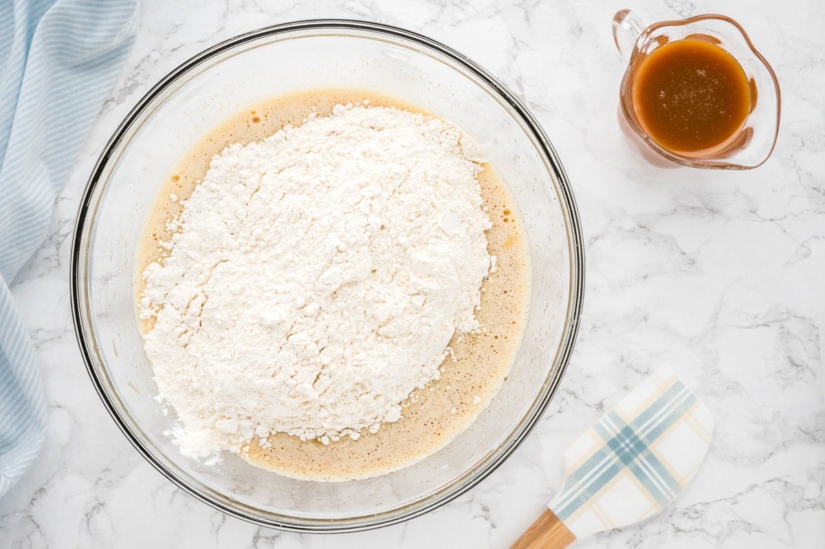 dry ingredients over wet ingredients in a bowl