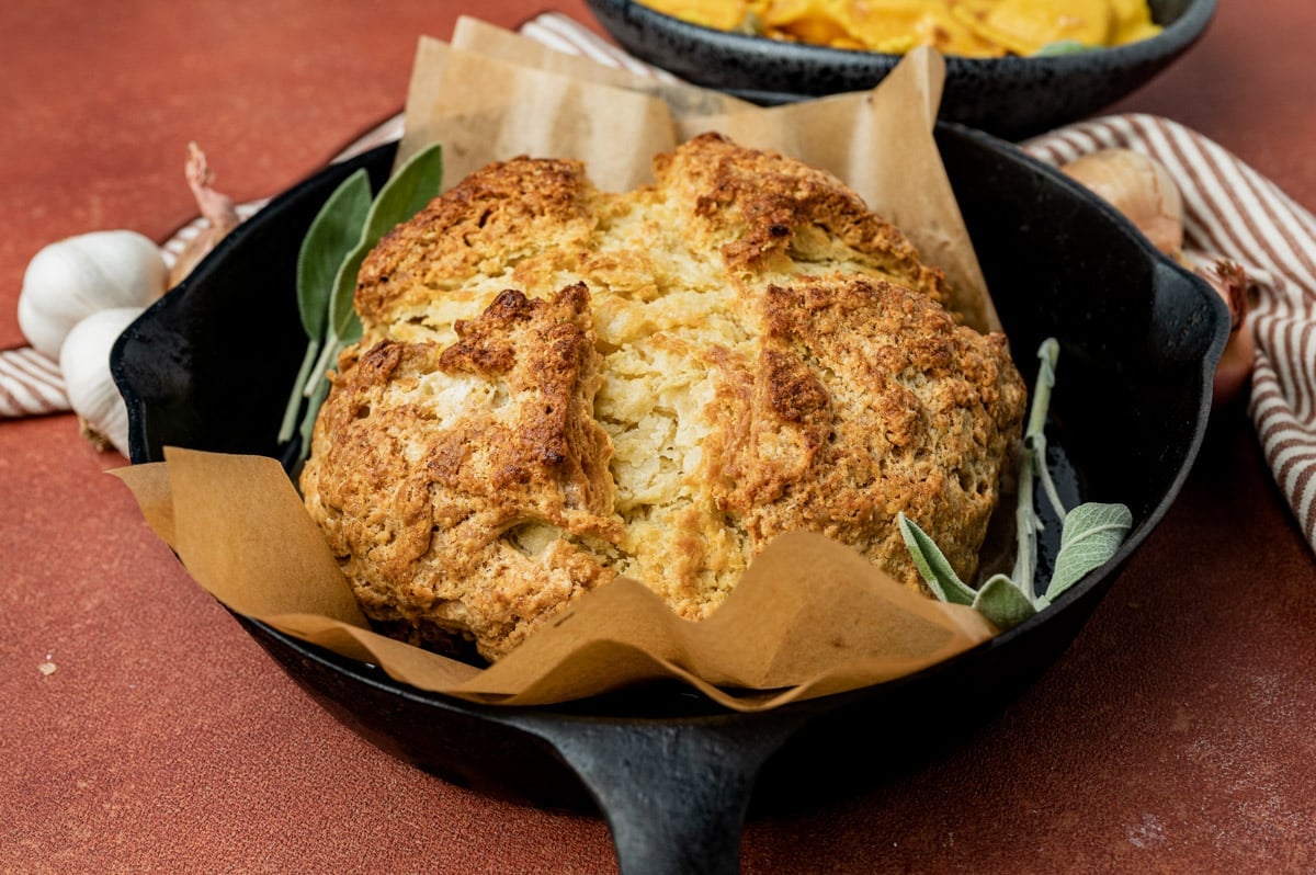 closeup of irish soda bread in a skillet