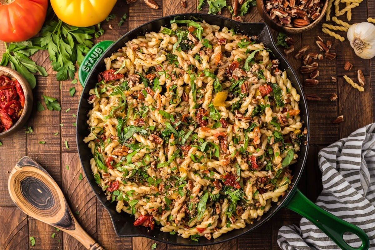 overhead view of a pasta skillet