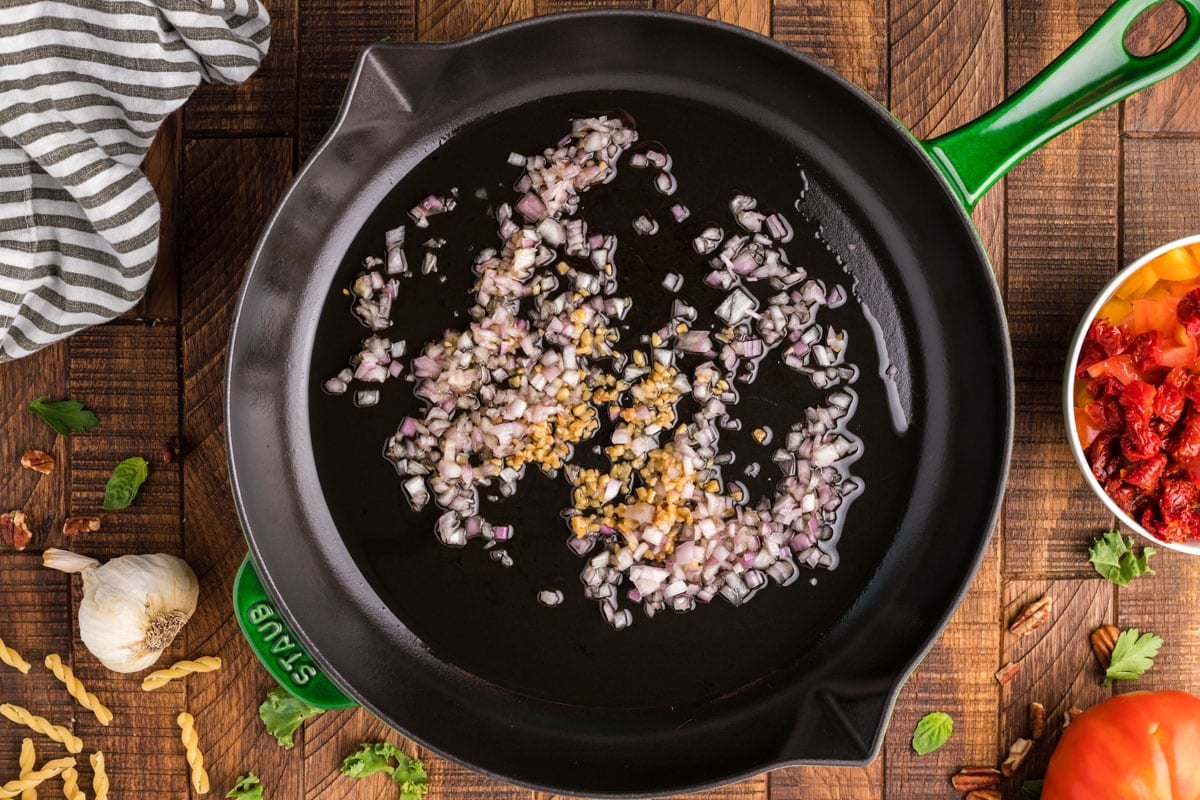 garlic and shallot in oil in a skillet