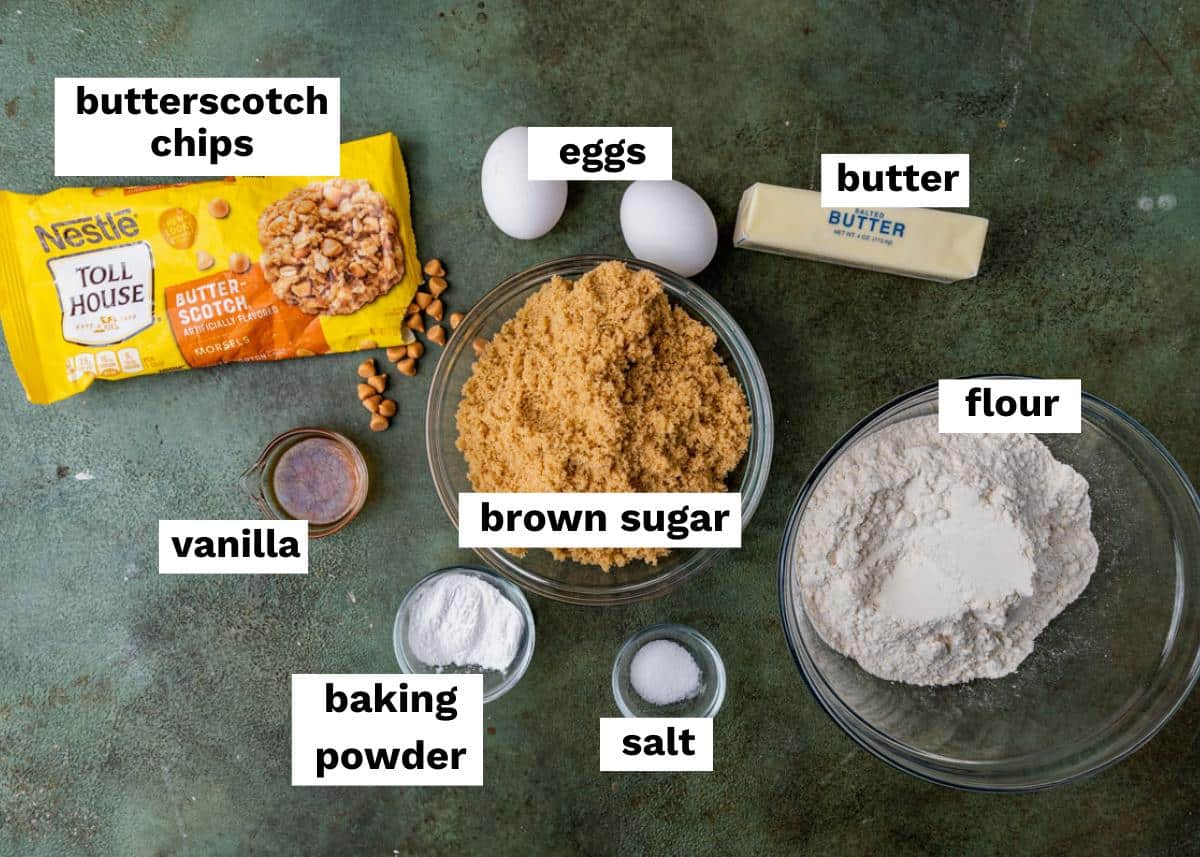 ingredients for butterscotch cookie bars on a table