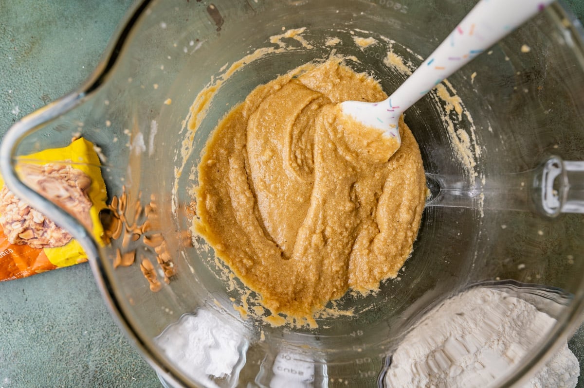 butter, sugar and eggs creamed in a mixing bowl