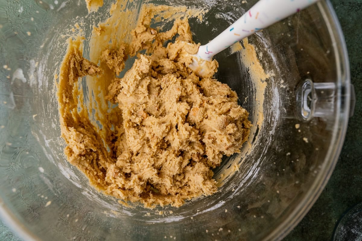 butterscotch cookie dough in a mixing bowl