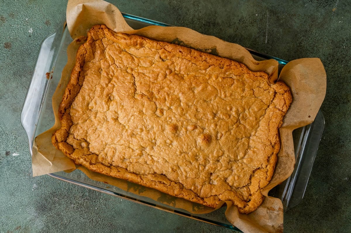 baked butterscotch cookie bars in a pan