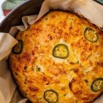 overhead view of jalapeño cheese bread in a pan