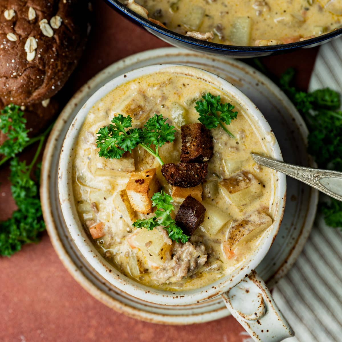 overhead view of a bowl of cheeseburger soup