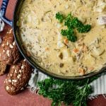 overhead view of cheeseburger soup in a pot