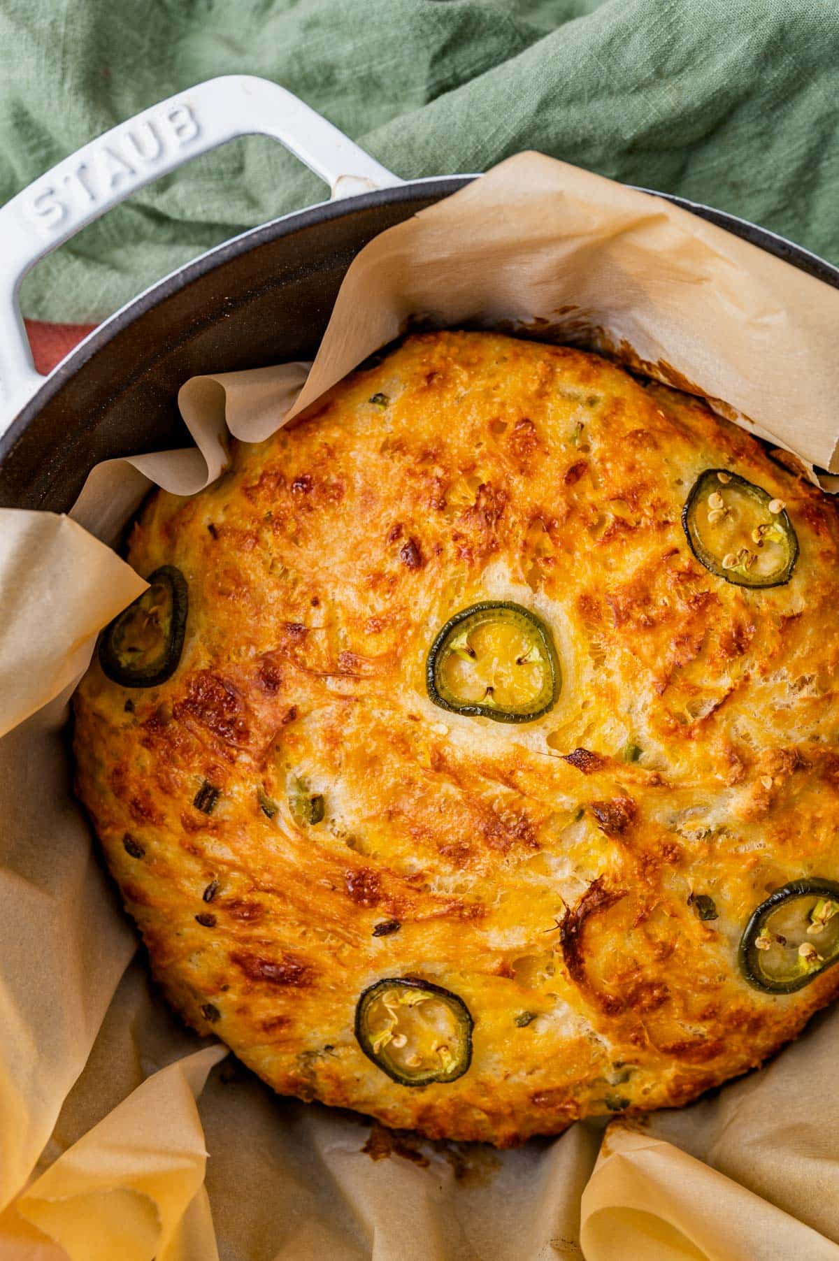 overhead view of jalapeño cheese bread in a pan