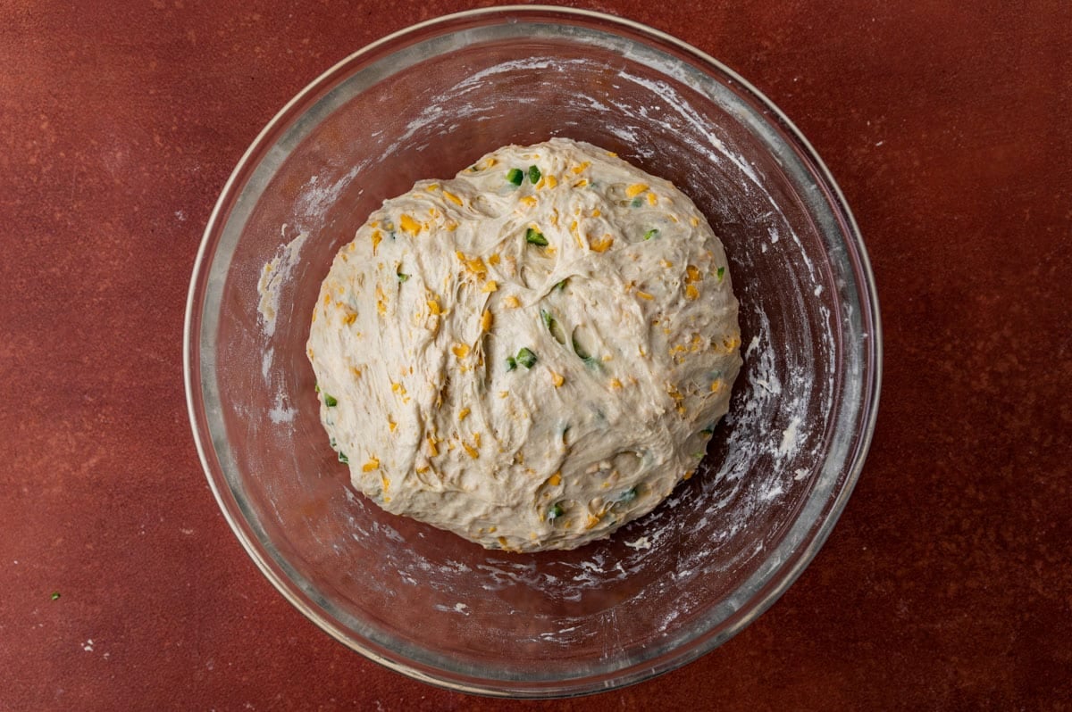 a bread dough ball in a mixing bowl