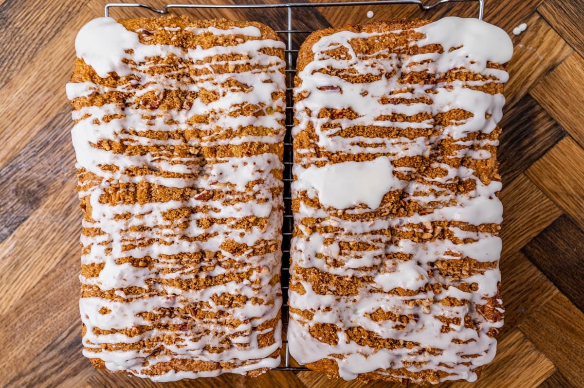 overhead view of pistachio bread with glaze