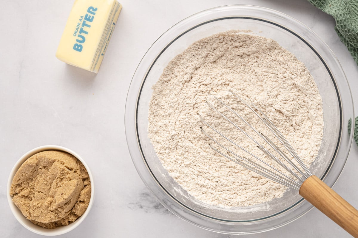 dry ingredients for cookies in a mixing bowl