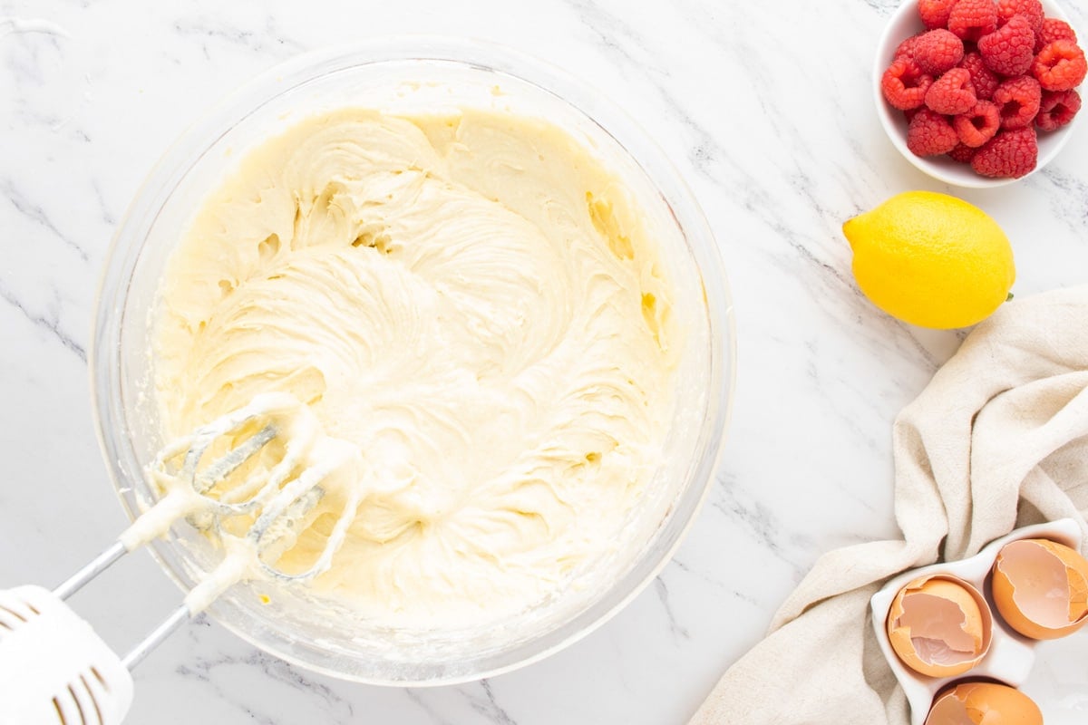 lemon cake batter in a mixing bowl