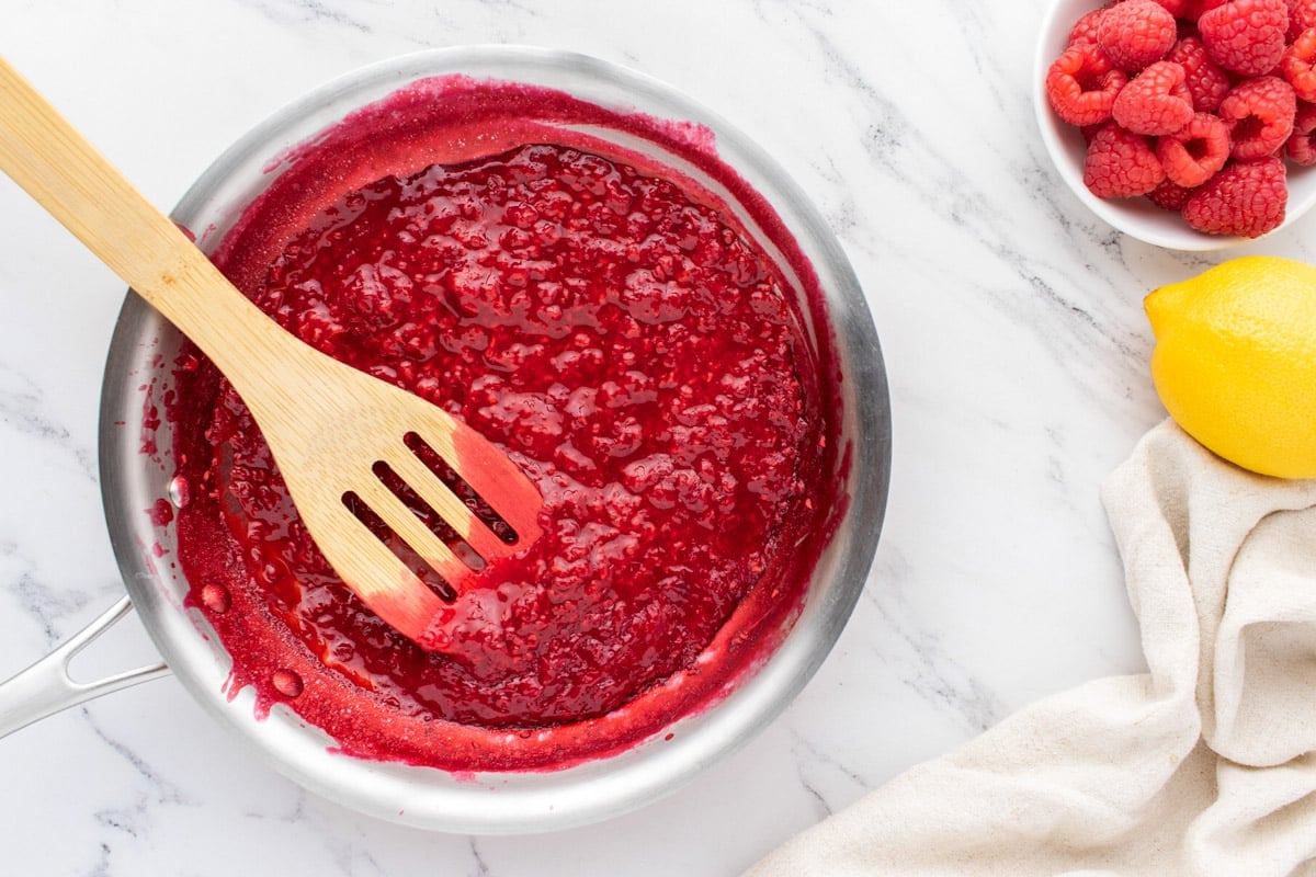 raspberry lemon sauce in a saucepan