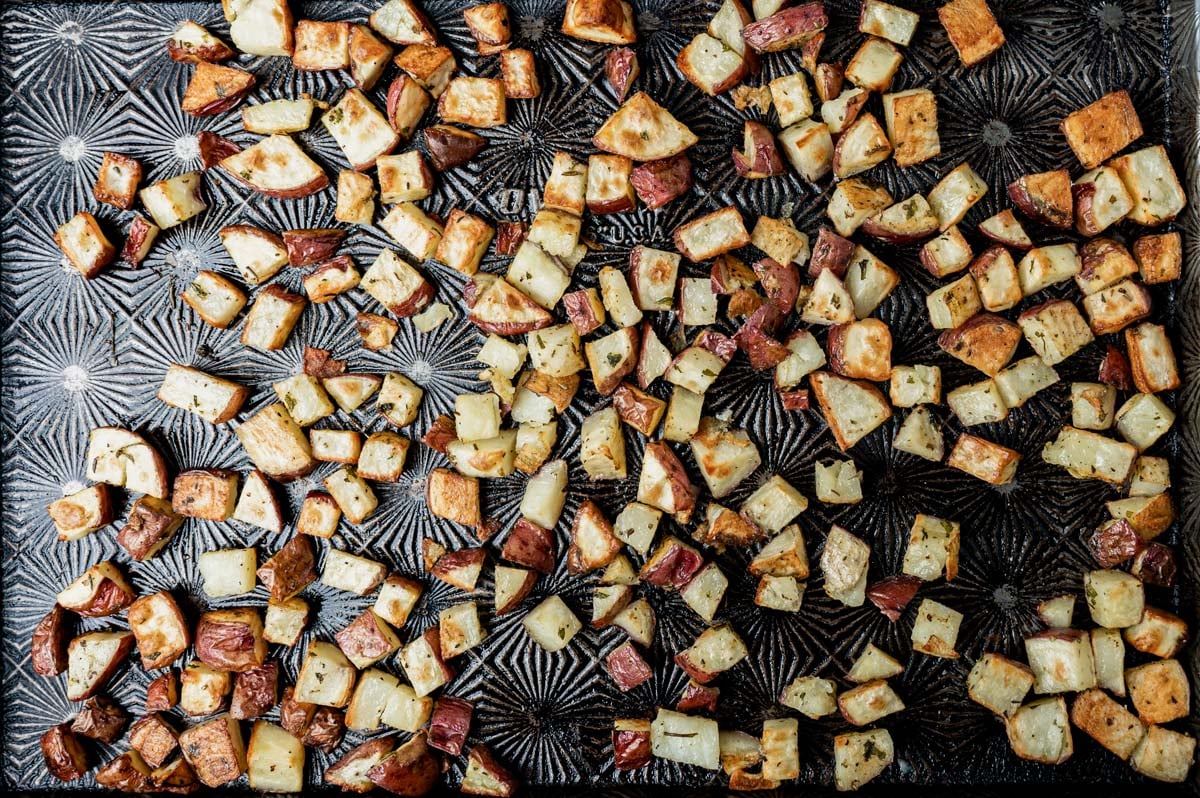 overhead view of roasted red potatoes