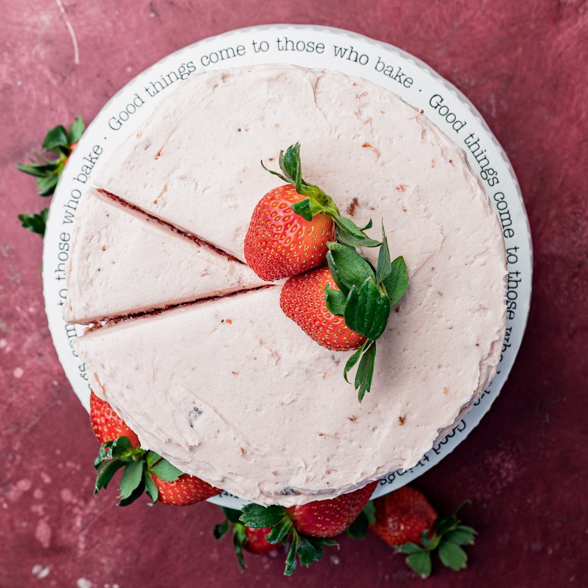 overhead view of strawberry cake