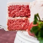 a piece of strawberry cake on a spatula