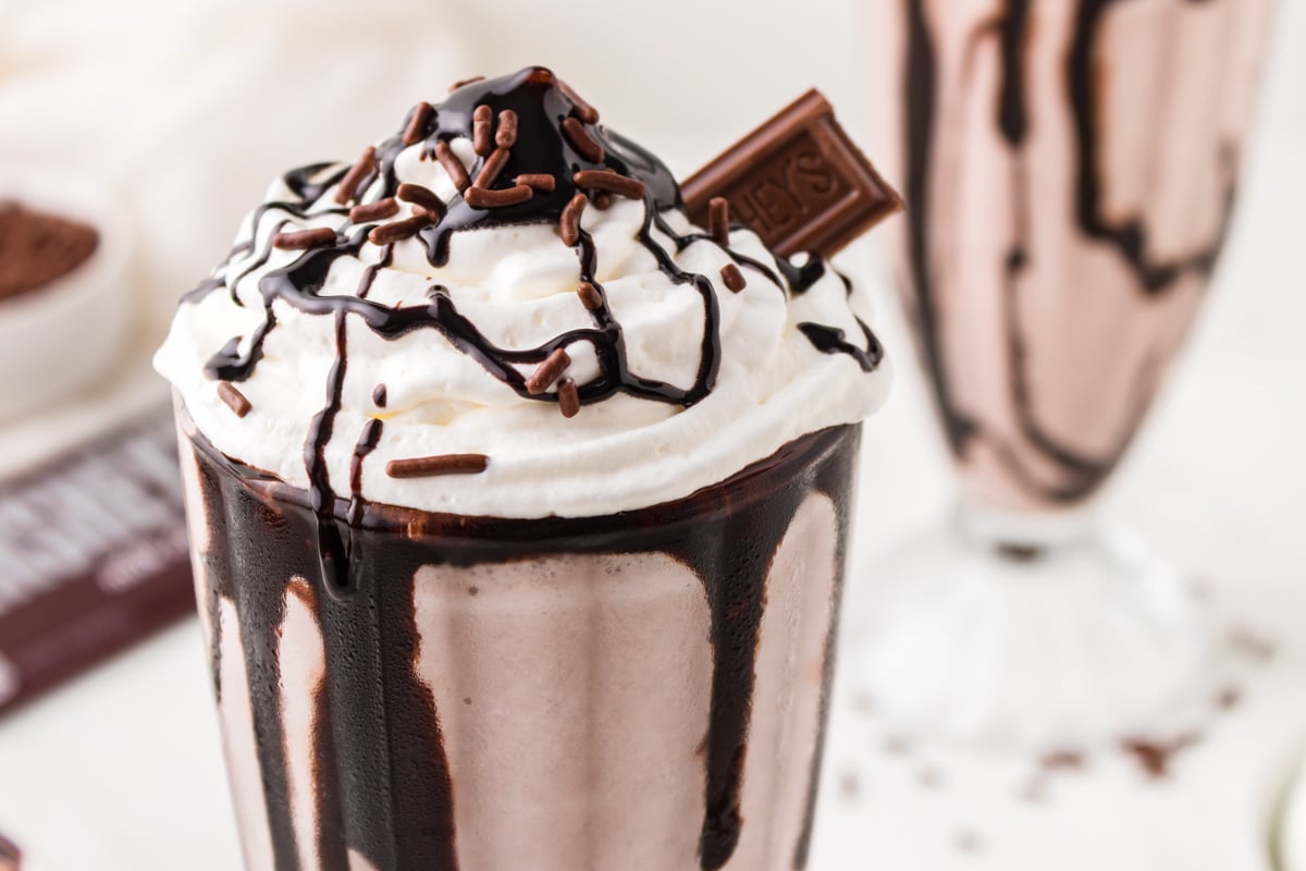 closeup of a milkshake with chocolate toppings