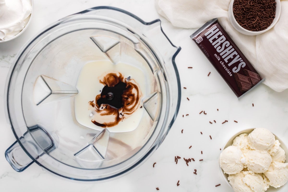 milk and chocolate syrup in a blender