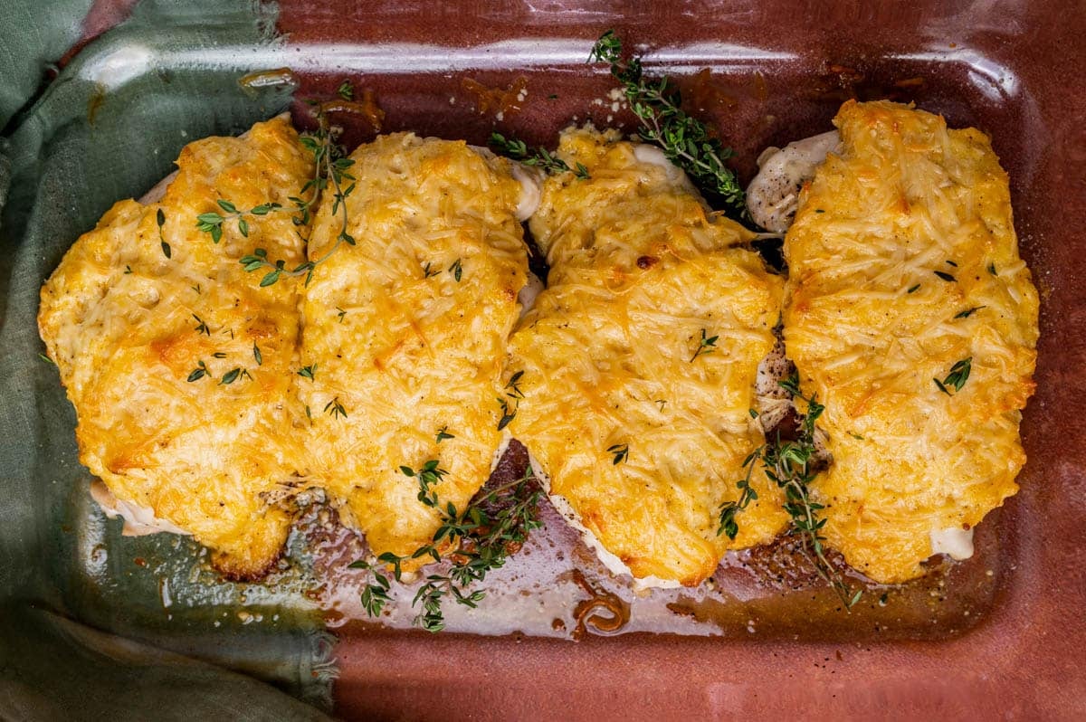 4 parmesan mayo chicken breasts in a baking pan