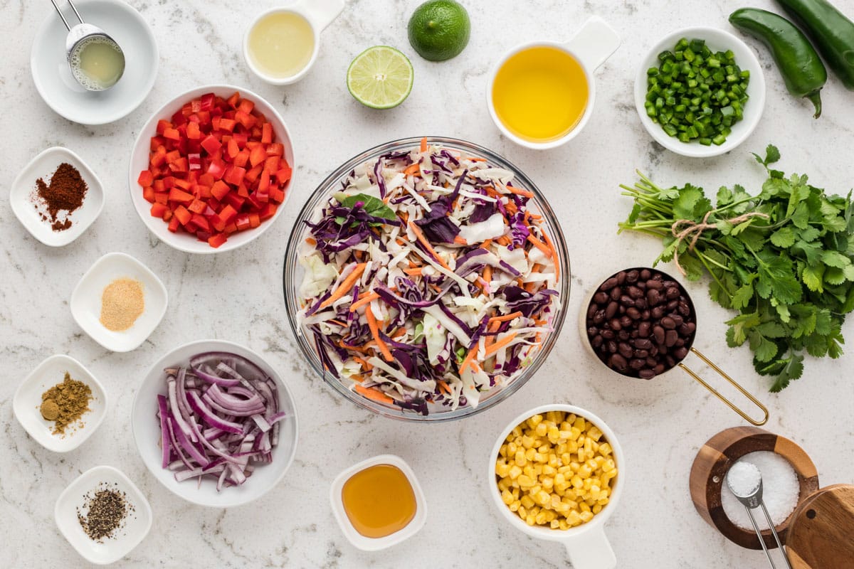 ingredients for mexican coleslaw salad on a table