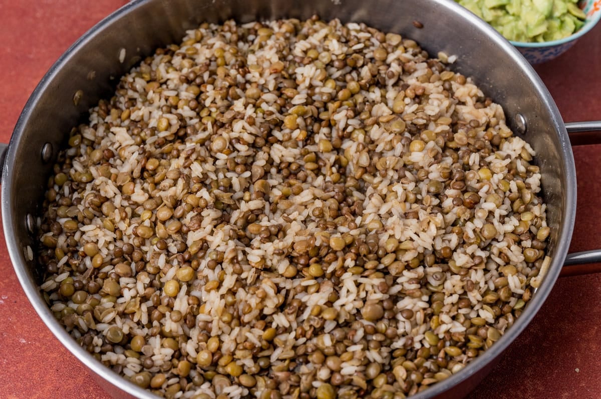 lentils and rice in a large skillet