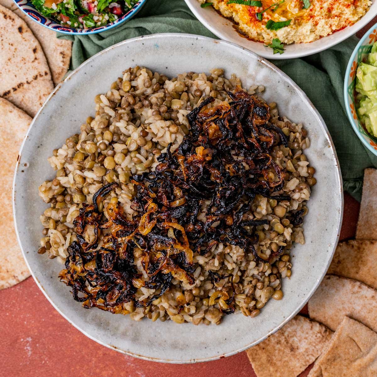 lentils and rice with fried onions in a bowl