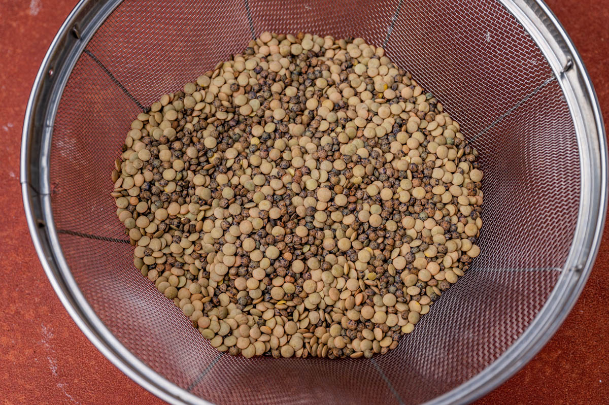 dry green lentils in a strainer
