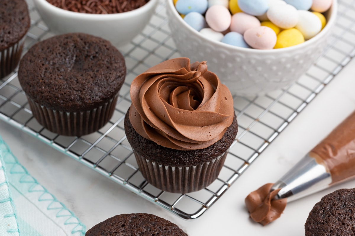 a swirl of chocolate frosting piped on a chocolate cupcake