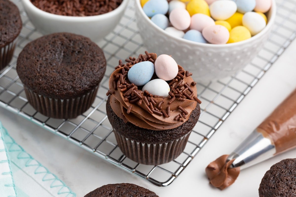 chocolate cupcakes on a wire rack, one frosted with sprinkles and eggs