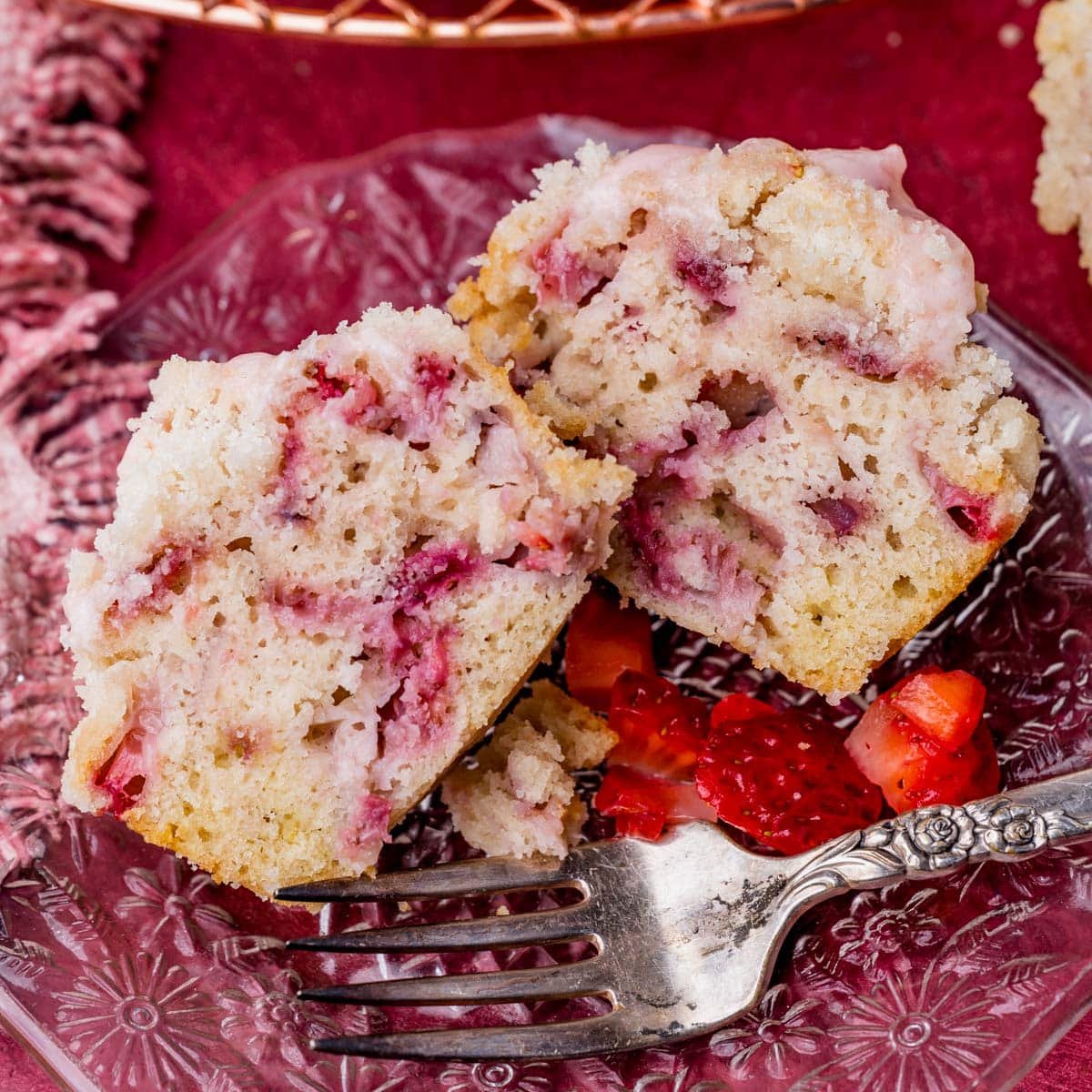 a strawberry muffin cut in half