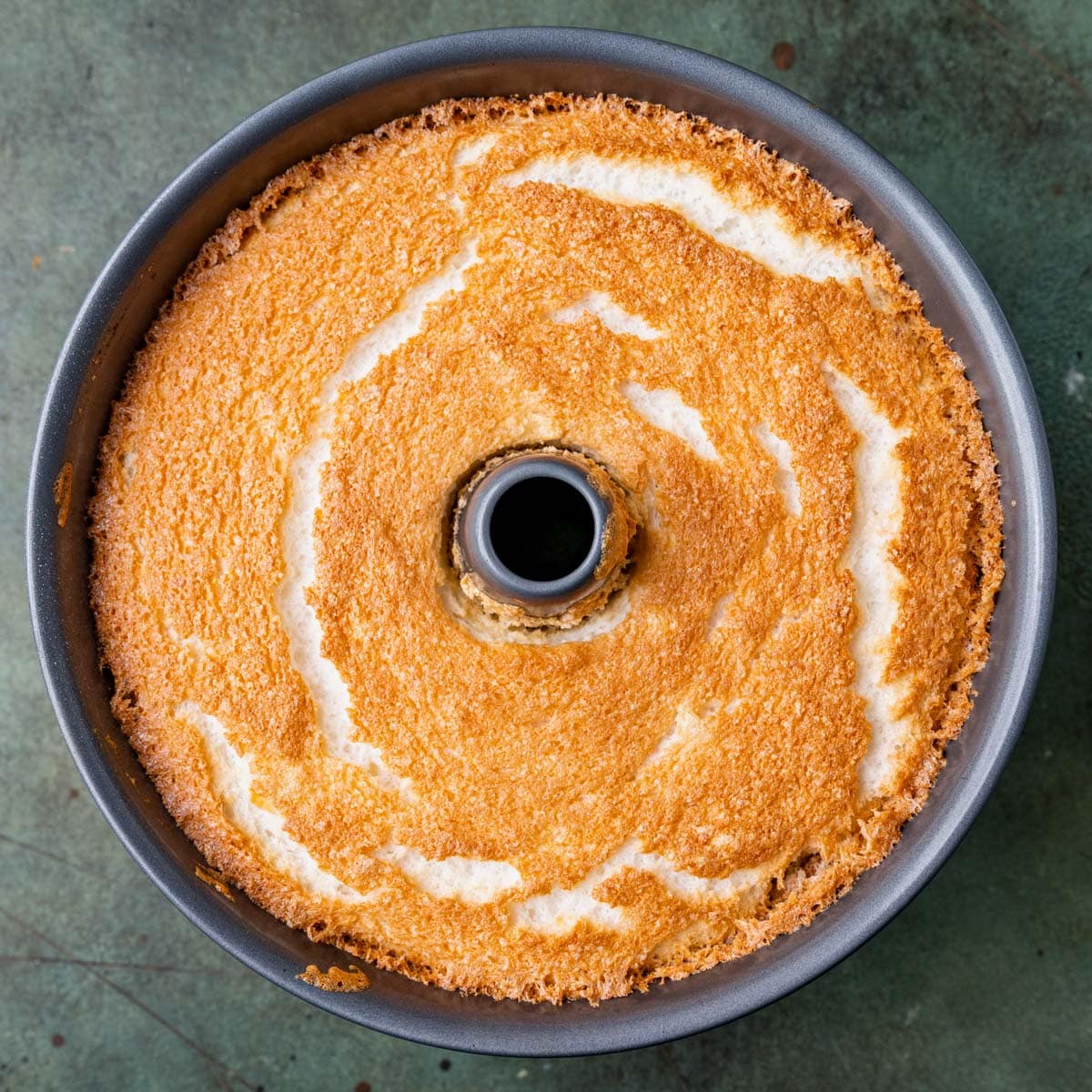 angel food cake baked in a tube pan