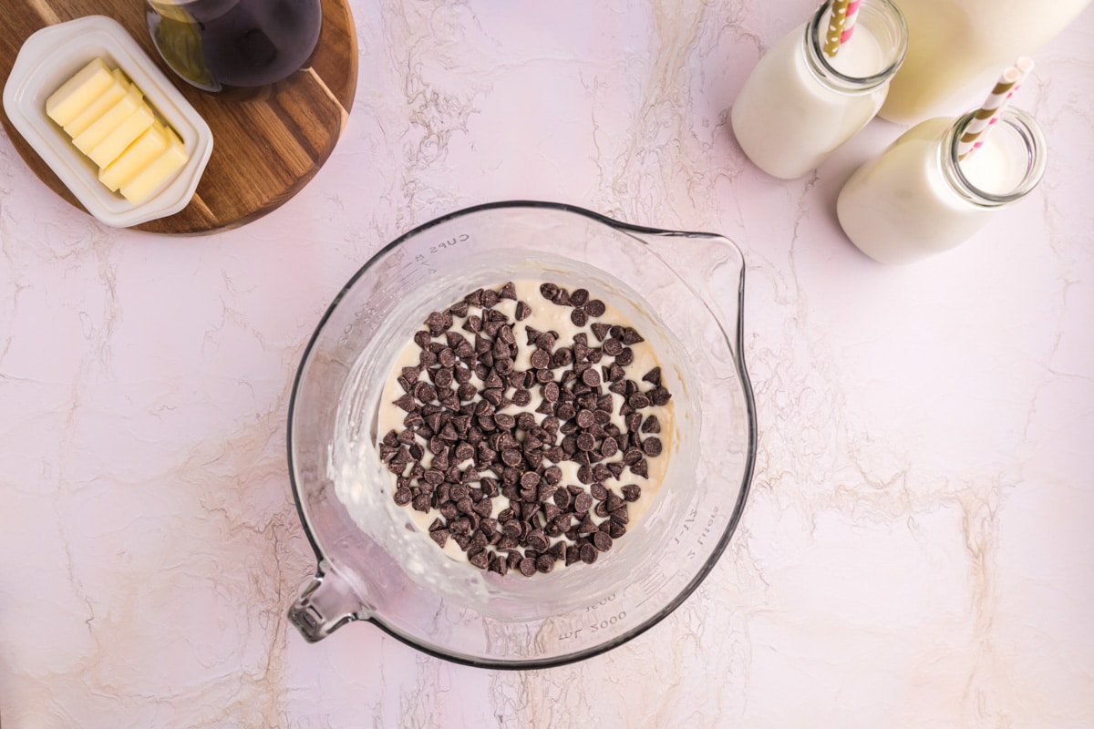 chocolate chip pancake batter in a glass bowl