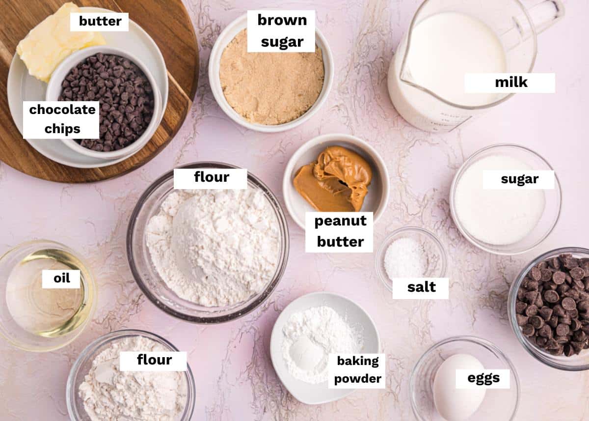 ingredients for chocolate chip pancakes on a table