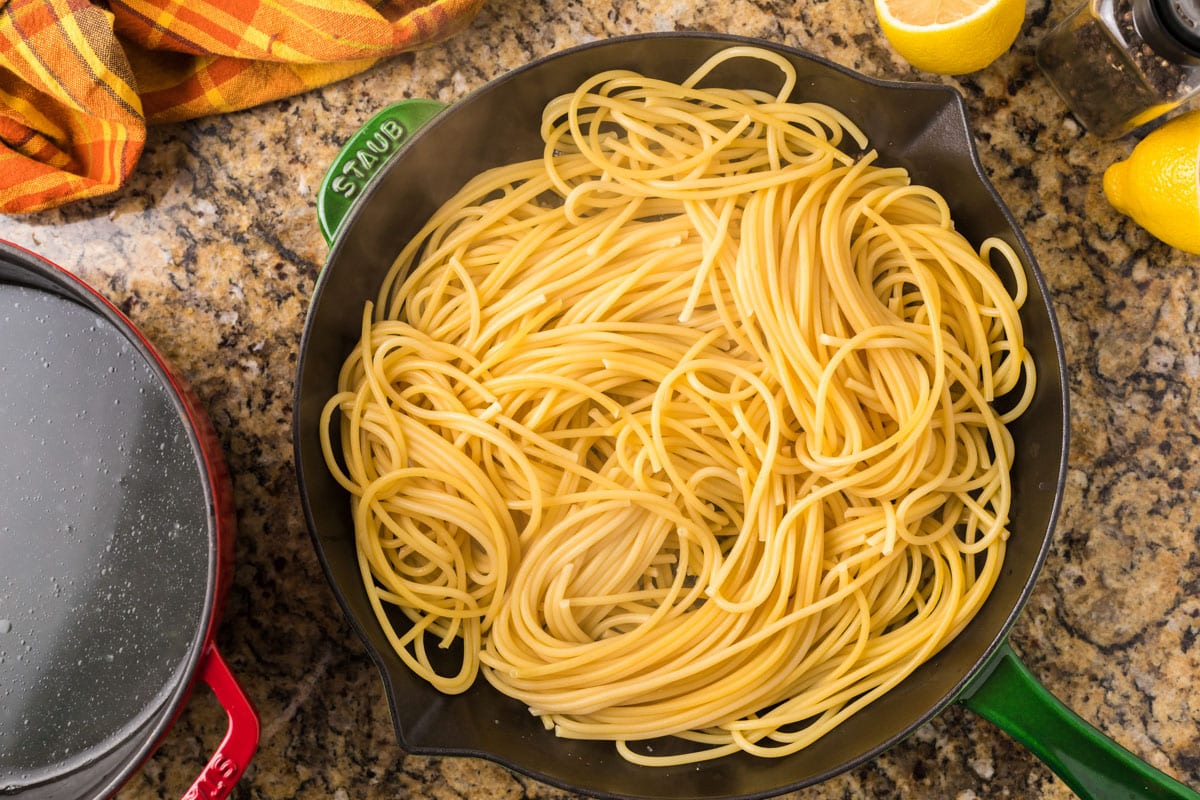 spaghetti in a skillet