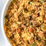 overhead view of spanish rice with ground beef in a skillet